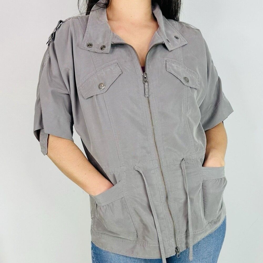 Ann Taylor LOFT Gray Short Roll Sleeve Utility Full Zip Jacket Size Medium